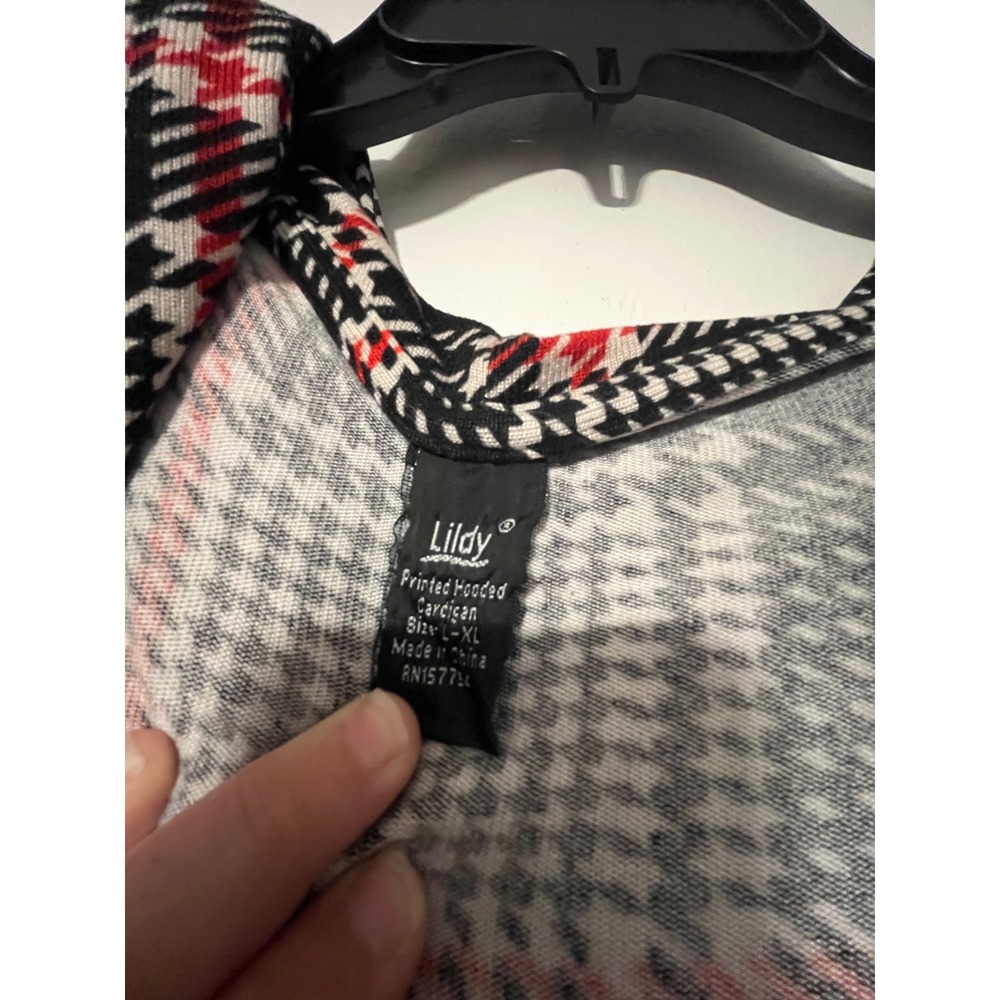 Lildy Womens Plaid Hooded Cardigan Black White Red Open Front Longline L XL - Picture 4 of 6